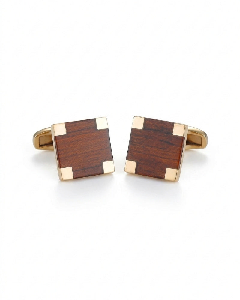 bouton de manchette en bois carré coins dorés