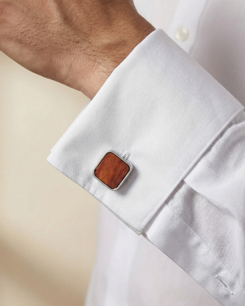 Bouton de manchette en bois et argent carré homme