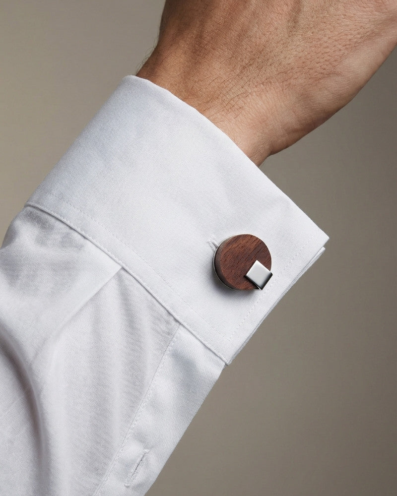 Bouton de manchette en bois rond brun et acier homme