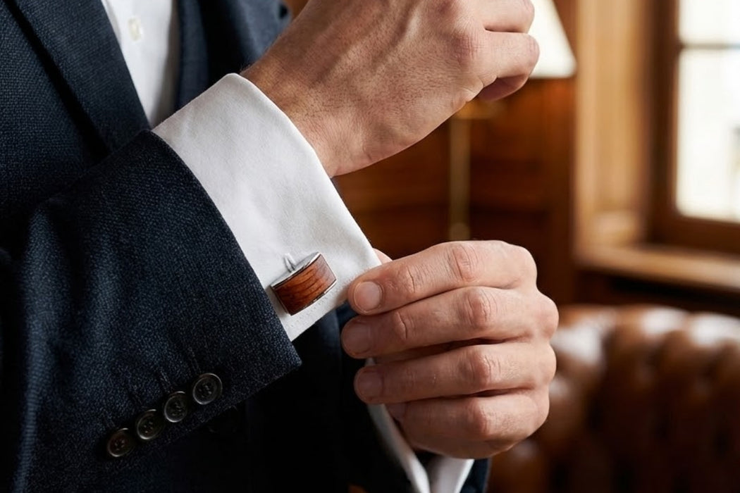 homme avec bouton de manchette en bois et argent