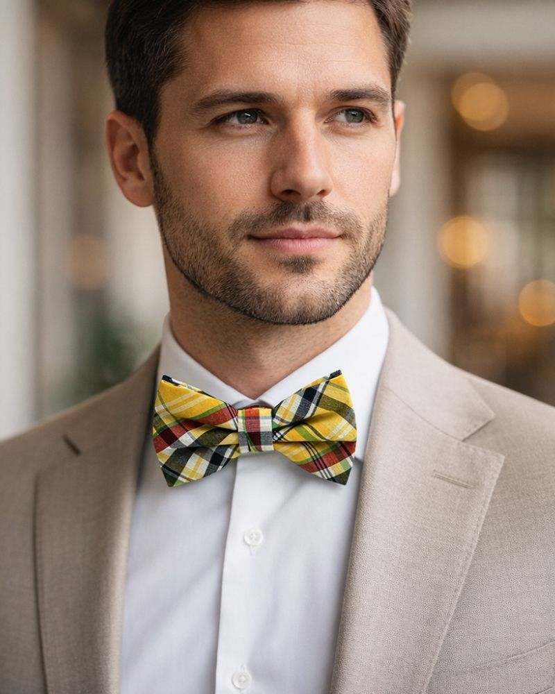 Noeud papillon a carreau de couleur jaune pour homme